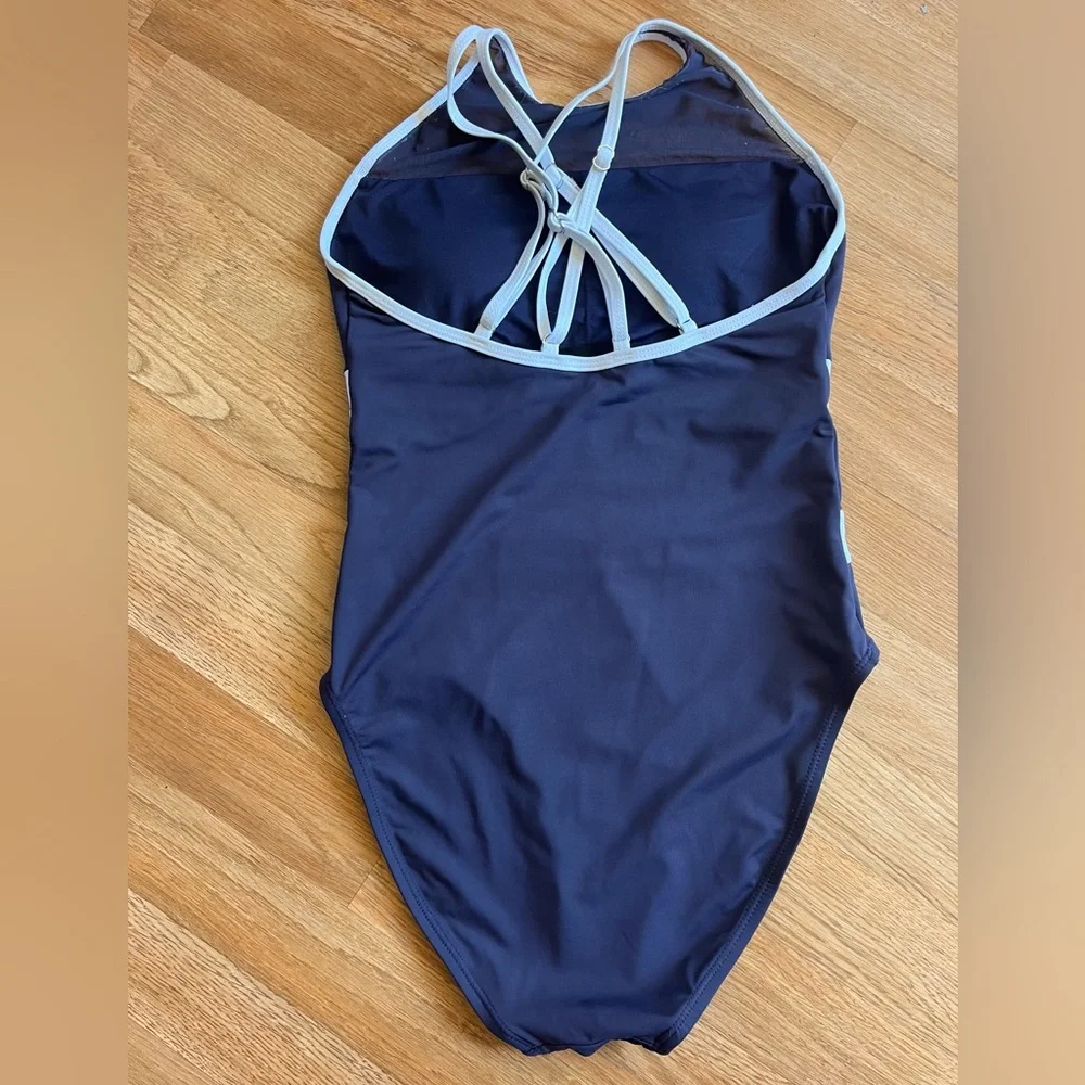 Nautica striped one-piece swimsuit Navy Blue & White Mesh Accents Women’s Small